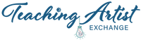 Teaching Artist Exchange written in a whimsical blue font. A multicolored lightbulb hands upside down at the end of the word