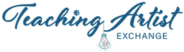 Teaching Artist Exchange written in a whimsical blue font. A multicolored lightbulb hands upside down at the end of the word