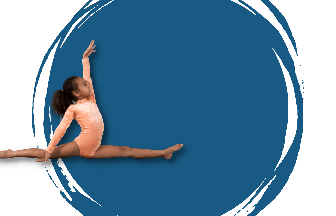 A young female dancer, wearing a light orange long sleeved leotard. She is in the front splits with one arm in the air. The background has a light blue/grey large paint splat over a light grey backdrop.