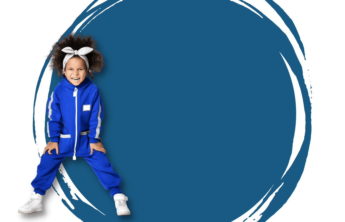 A young female, wearing a bright blue tracksuit, has her hands on her legs and is smiling. The background has a large dark blue paint splat over a light grey backdrop.